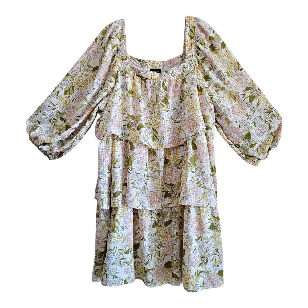 WHO WHAT WEAR Women's XXL 2X Dress Tiered Shift Floral Green Pink Balloon Sleeve